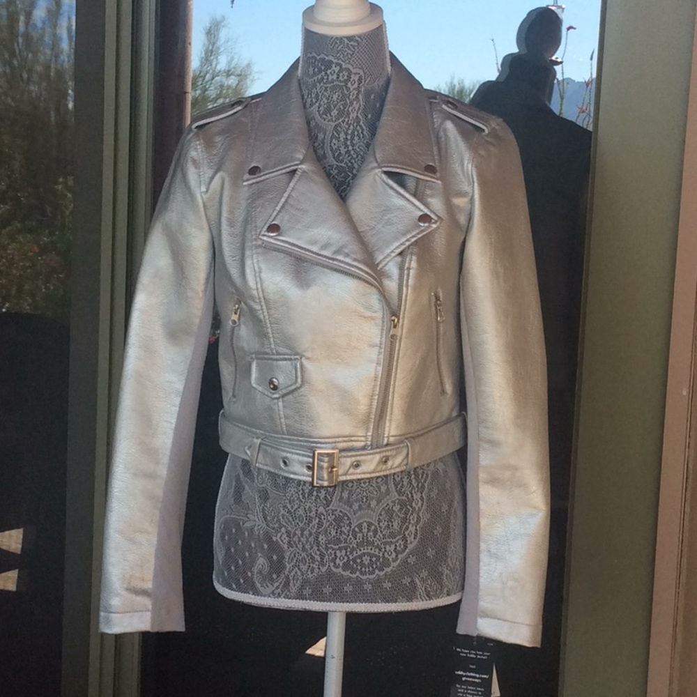 Silver leather like bomber jacket